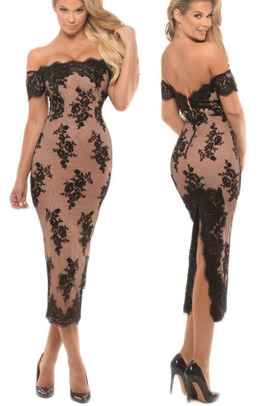 Vestido de fiesta midi de encaje con hombros descubiertos de MACloth Vestidos de cóctel hasta la rodilla