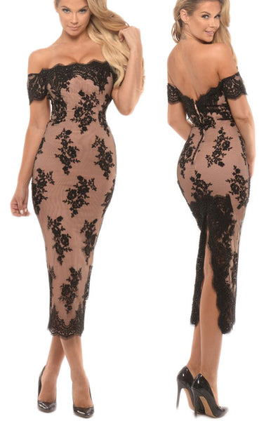 MACloth Off the Shoulder Lace Midi Prom Dress Tea Length Cocktail Dresses