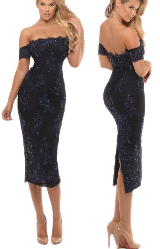 Vestido de fiesta midi de encaje con hombros descubiertos de MACloth Vestidos de cóctel hasta la rodilla