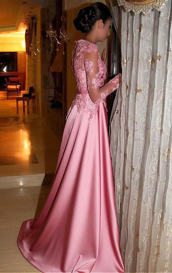 MACloth Long Sleeves Lace Satin Maxi Prom Dress Pink Formal Evening Gown Pink / Floor Length / US2