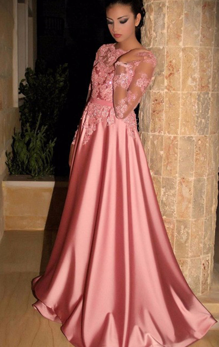MACloth Long Sleeves Lace Satin Maxi Prom Dress Pink Formal Evening Gown Pink / Floor Length / US2