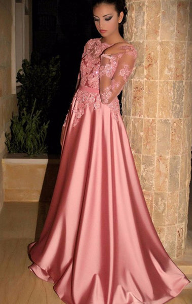 MACloth Long Sleeves Lace Satin Maxi Prom Dress Pink Formal Evening Gown