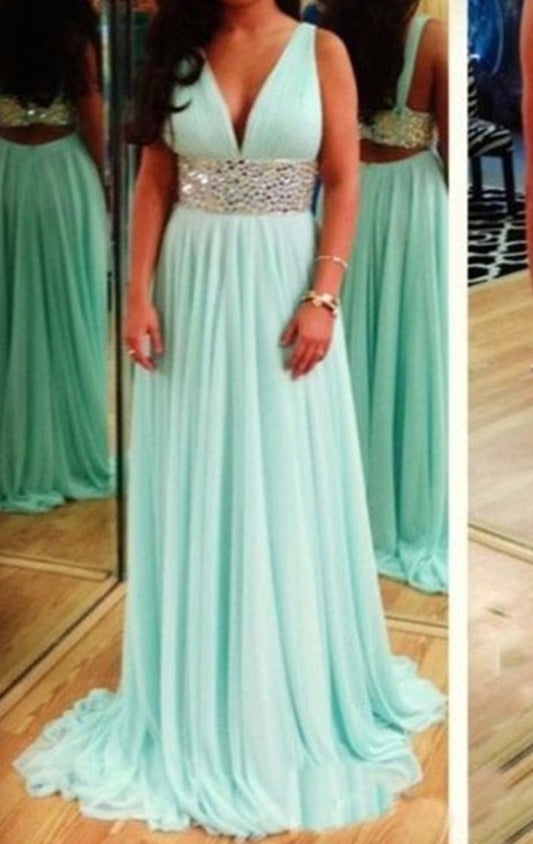 Vestido de fiesta largo de gasa con escote en V profundo color menta de MACloth, vestido de noche formal con aberturas