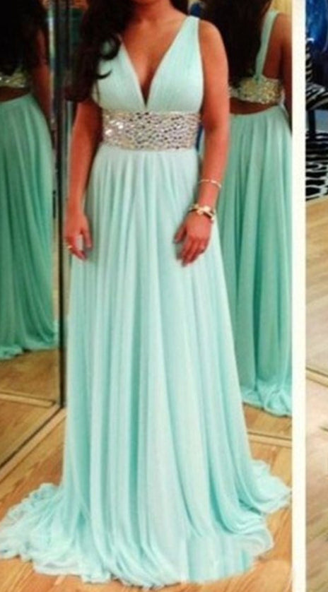 MACloth Deep V Neck Chiffon Mint Long Prom Dress Cut Out Formal Evening Gown