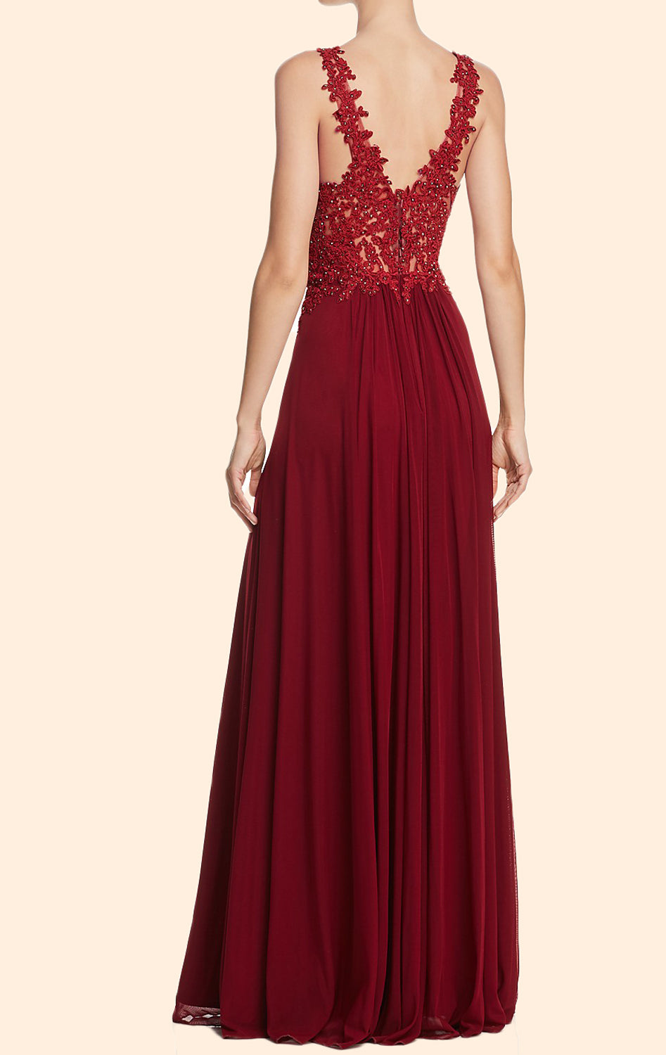 MACloth Lace Straps Deep V Neck Long Prom Dress Burgundy Formal Evenin MACloth Lace Straps Deep V Neck Long Prom Dress Burgundy Formal Evenin