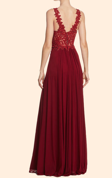 MACloth Lace Straps Deep V Neck Long Prom Dress Burgundy Formal Evening Gown 10810