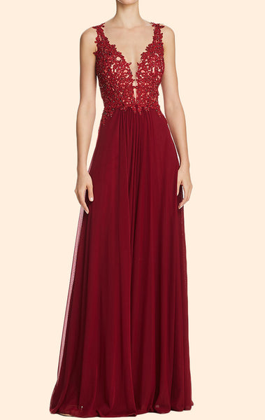 MACloth Lace Straps Deep V Neck Long Prom Dress Burgundy Formal Evening Gown 10810
