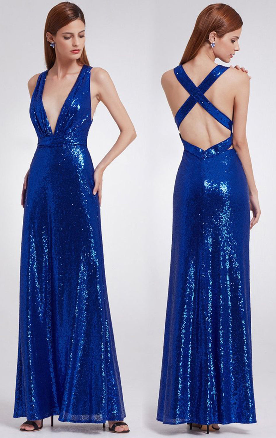 MACloth Neckholder Tiefem V-Ausschnitt Pailletten Langes Brautjungfernkleid Grau/Roségold Formales Abendkleid