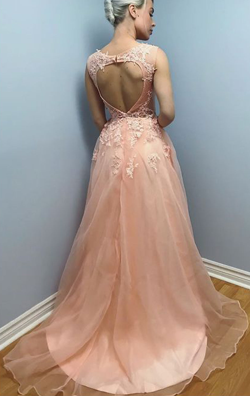 MACloth Straps V Neck Lace Organza Long Prom Dress Peach Formal Evening Gown Peach / Above Knee / Custom Size MACloth Straps V Neck Lace Organza Long Prom Dress Peach Formal Evening Gown Peach / Above Knee / Custom Size