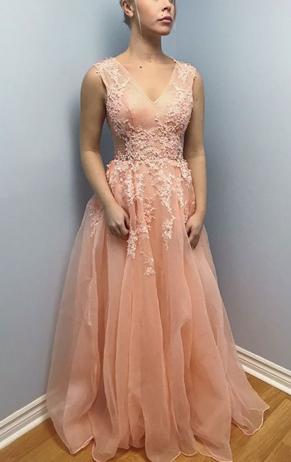 MACloth Straps V Neck Lace Organza Long Prom Dress Peach Formal Evening Gown Peach / Floor Length / US0