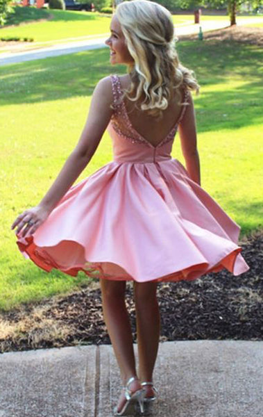 MACloth Straps O Neck Sequin Satin Mini Prom Homecoming Dress Pink Wedding Party Formal Gown