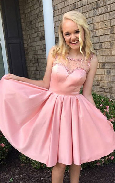 MACloth Straps O Neck Sequin Satin Mini Prom Homecoming Dress Pink Wedding Party Formal Gown