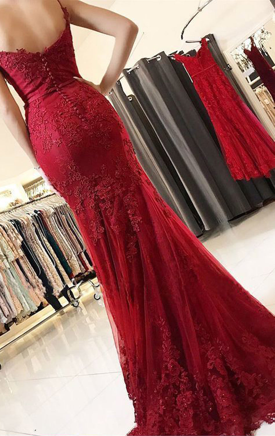 Vestido de fiesta largo de encaje con tirantes finos y sirena de MACloth, vestido de noche formal rojo