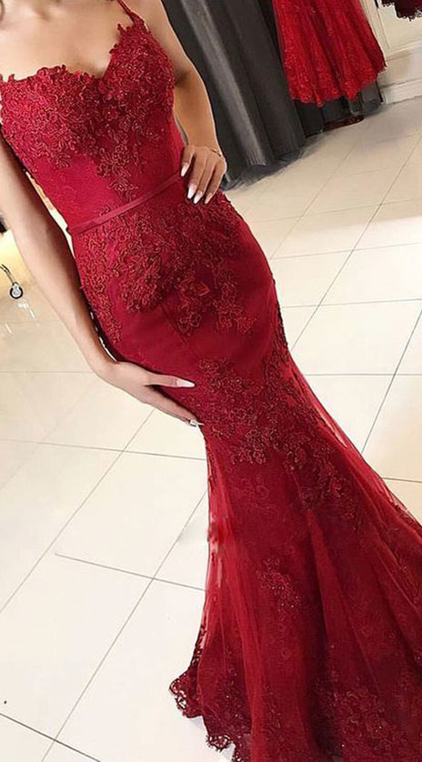MACloth Mermaid Spaghetti Straps Lace Long Prom Dress Red Formal Evening Gown