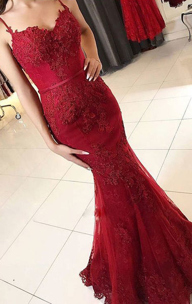 MACloth Mermaid Spaghetti Straps Lace Long Prom Dress Red Formal Evening Gown