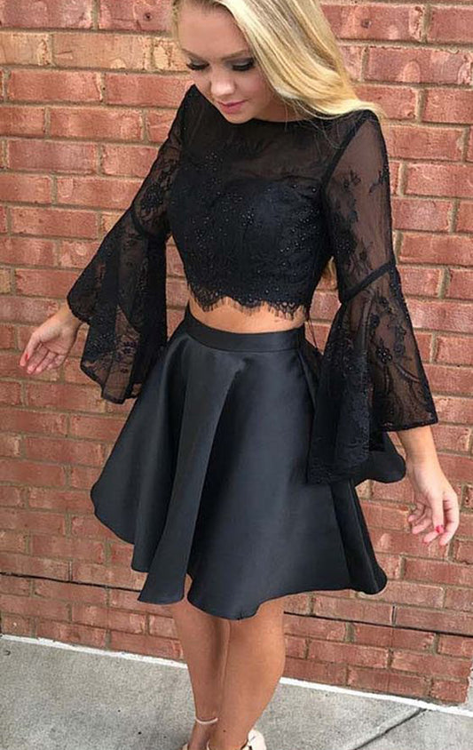 Vestido mini de satén con encaje y mangas largas de dos piezas de MACloth, vestido de fiesta de graduación y regreso a casa, vestido de fiesta de boda negro