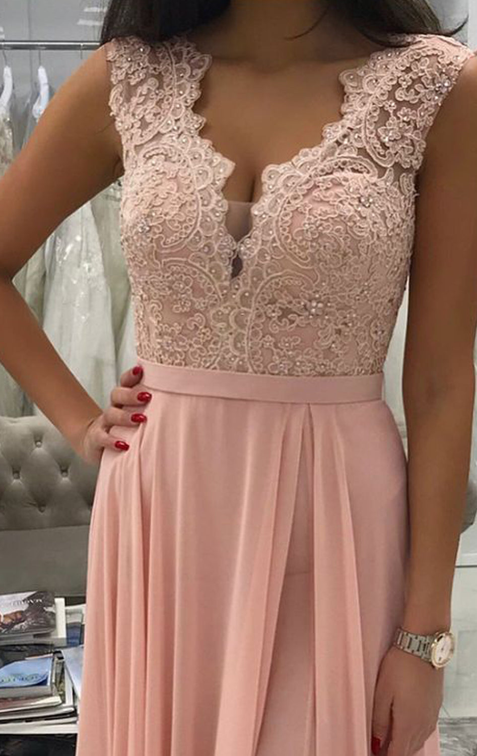 MACloth V Neck Lace Chiffon Long Prom Dress Pink Formal Evening Gown