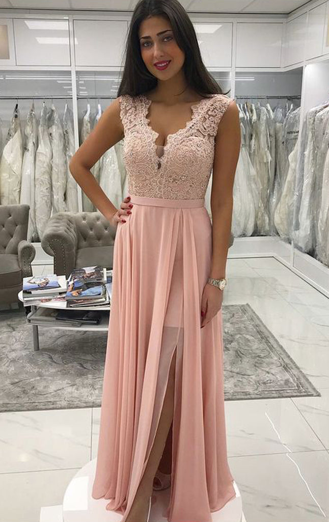 MACloth V Neck Lace Chiffon Long Prom Dress Pink Formal Evening Gown
