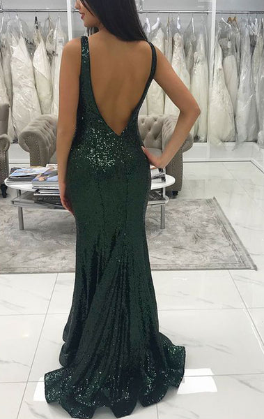 MACloth Sheath V Neck Sequin Long Prom Dress Dark Green Wedding Party Formal Evening Gown