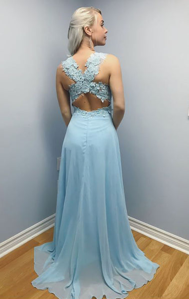 MACloth Straps O Neck Lace Chiffon Long Prom Dress Sky Blue Formal Evening Gown