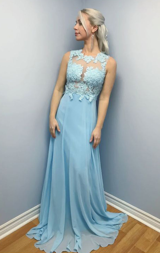 MACloth Straps O Neck Lace Chiffon Long Prom Dress Sky Blue Formal Evening Gown