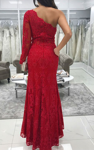 MACloth Sheath Long Sleeves One Shoulder Lace Prom Dress Red Wedding Party Evening Formal Gown