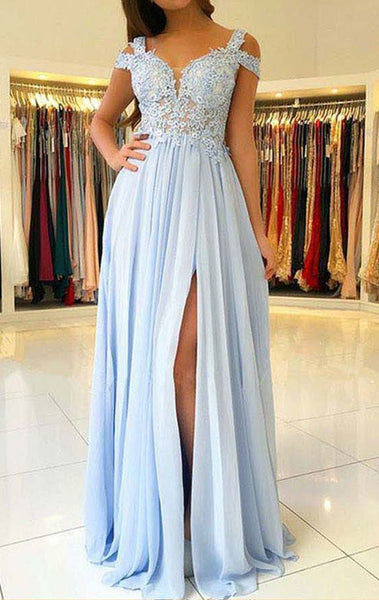 MACloth Off the Shoulder Lace Chiffon Long Prom Dress Sky Blue Formal Evening Gown