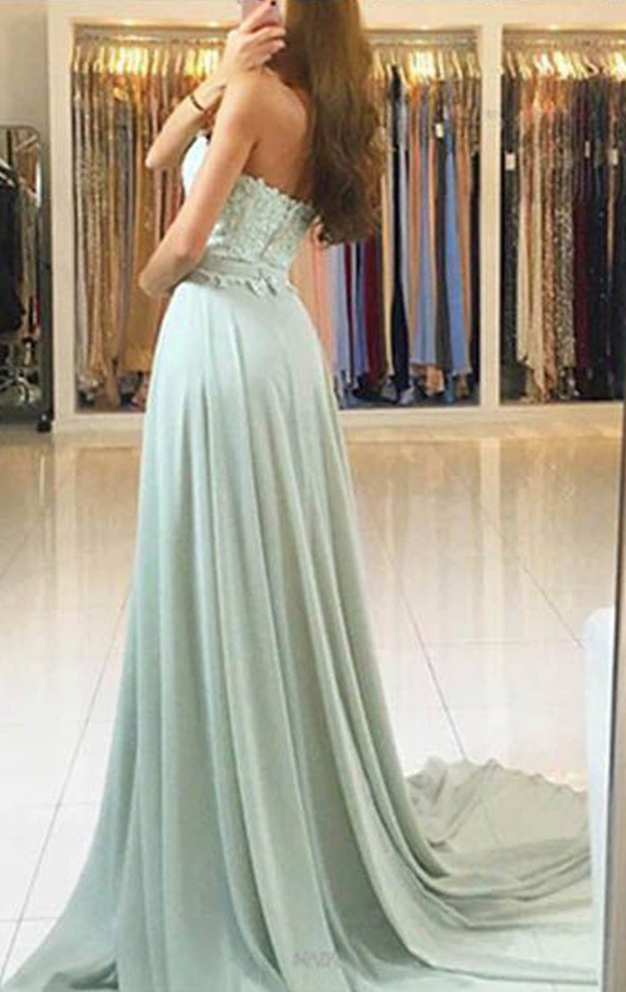 MACloth Trägerloses, herzförmiges, langes Chiffon-Spitzenballkleid in Mintgrün