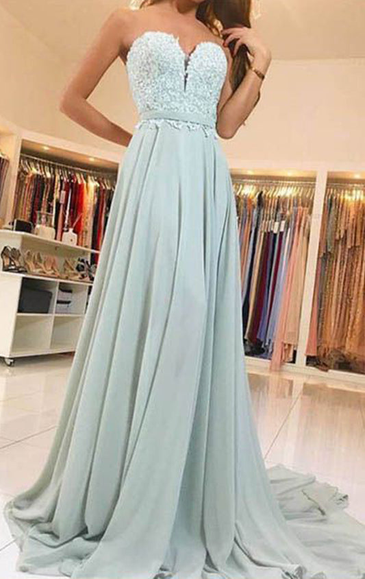 MACloth Trägerloses, herzförmiges, langes Chiffon-Spitzenballkleid in Mintgrün