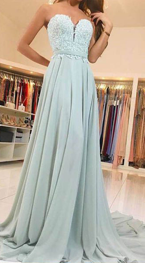 MACloth Strapless Sweetheart Lace Chiffon Long Prom Dress Mint Formal Evening Gown