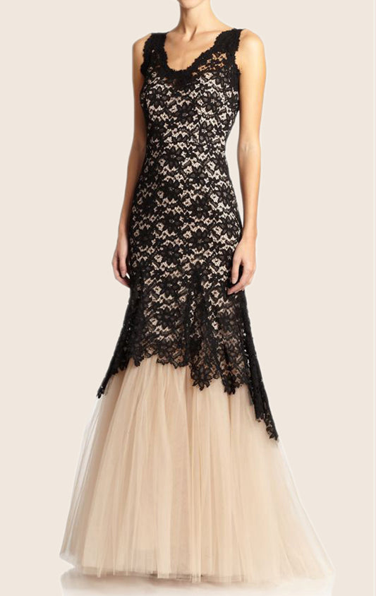 Vestido de fiesta de tul con encaje y escote en V y tirantes de sirena de MACloth, vestido formal de dos tonos