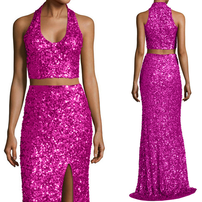 Vestido de fiesta largo de sirena de dos piezas con lentejuelas de MACloth, vestido formal de noche fucsia