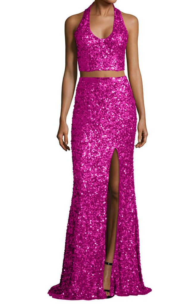 MACloth Mermaid Two Piece Sequin Long Prom Dress Fuchsia Evening Formal Gown