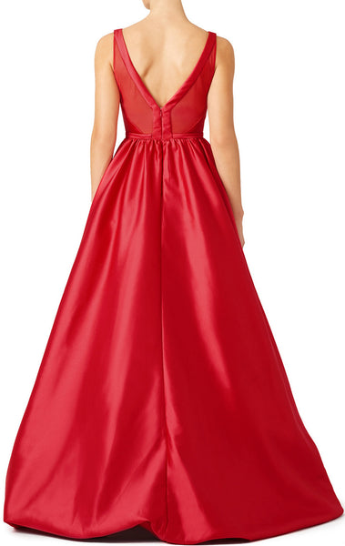 MACloth Straps V Neck Ball Gown Satin Red Long Prom Dress with Sweep Train