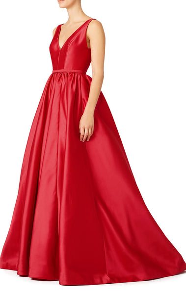 MACloth Straps V Neck Ball Gown Satin Red Long Prom Dress with Sweep Train