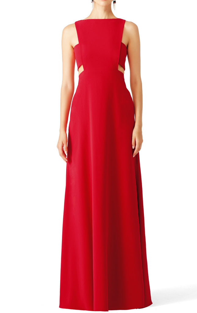 MACloth Straps O Neck Red Cut Out Long Evening Formal Gown Simple Prom Dress