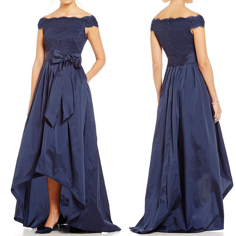 Vestido de noche MACloth con hombros descubiertos, largo hasta la rodilla, vestido formal para fiesta de graduación en azul marino oscuro