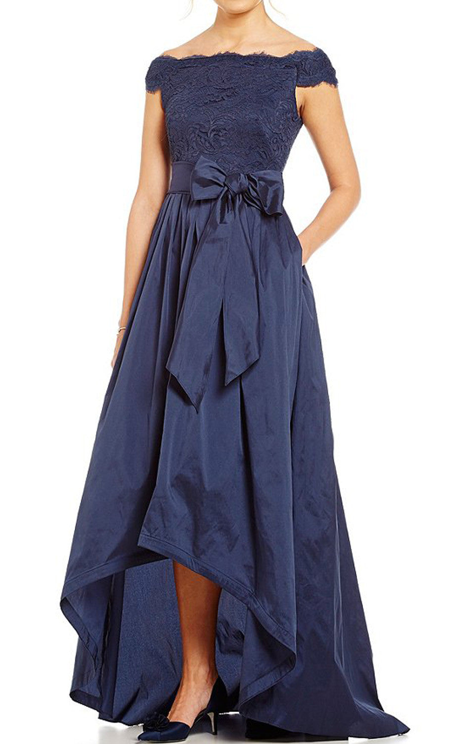 Vestido de noche MACloth con hombros descubiertos, largo hasta la rodilla, vestido formal para fiesta de graduación en azul marino oscuro