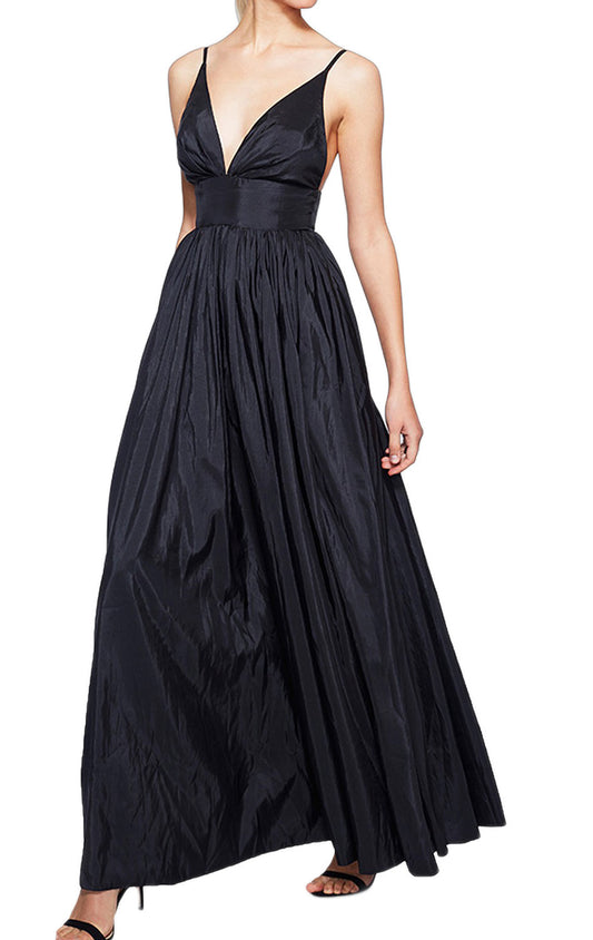 Vestido formal sencillo de tafetán negro con escote en V y tirantes MACloth