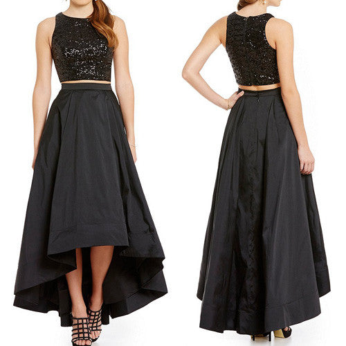 MACloth Two Piece Sequin Prom Dress High Low Cocktail Formal Gown