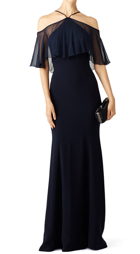 MACloth Off the Shoulder Ruffled chiffon Jersey Evening Gown Dark Navy Simple Prom Dress