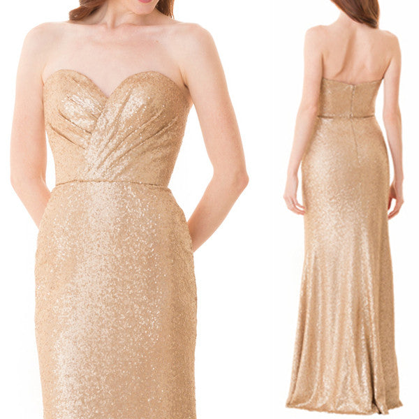 Vestido de dama de honor de sirena sin tirantes de MACloth en oro rosa con lentejuelas, vestido de noche formal