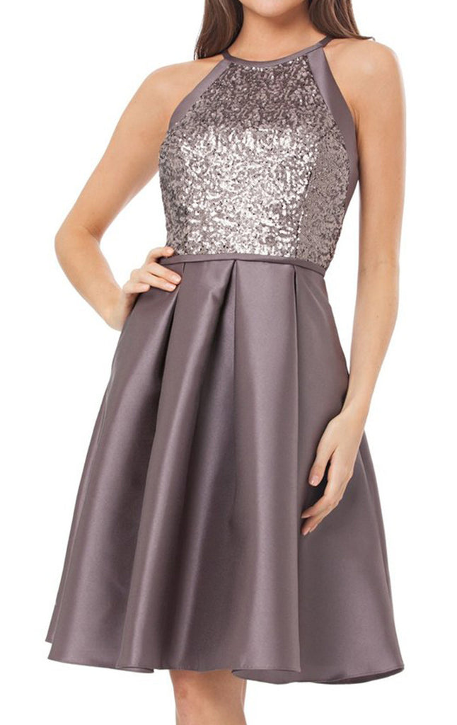 MACloth Halter Sequin Satin Gray Cocktail Dress Simple Mini Prom Homecoming Dress