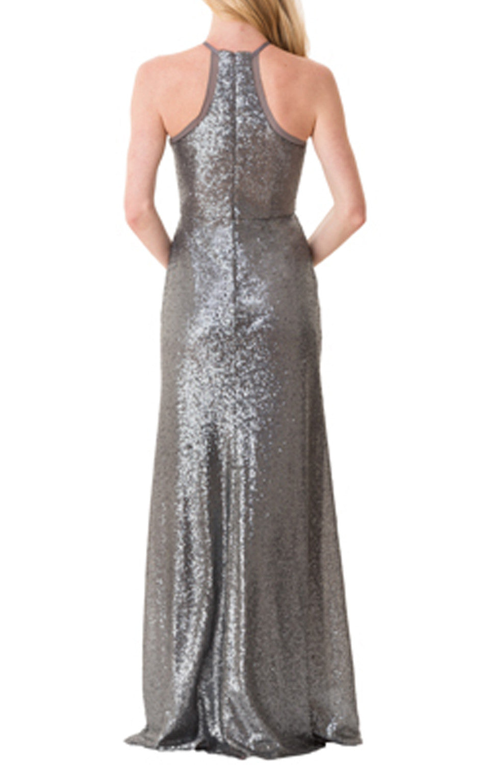 Vestido de dama de honor largo con cuello halter y lentejuelas de MACloth, vestido de noche formal gris