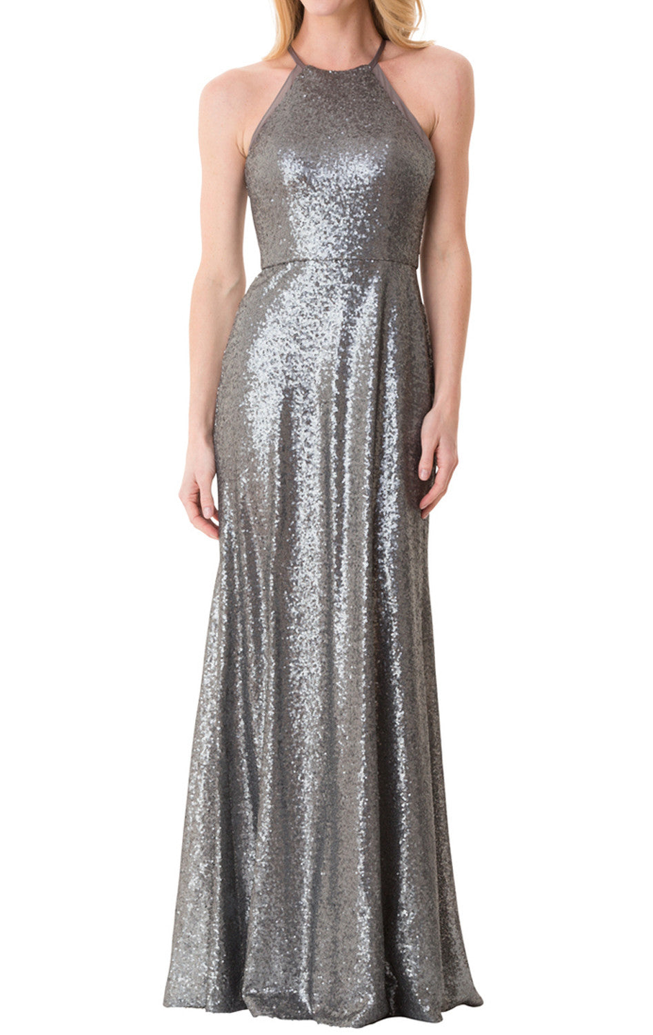 Vestido de dama de honor largo con cuello halter y lentejuelas de MACloth, vestido de noche formal gris