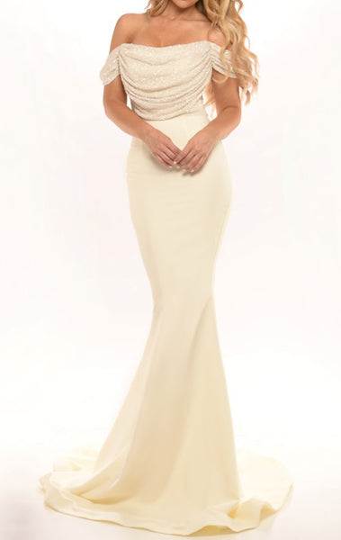 MACloth Mermaid Off the Shoulder Sequin Jersey Long Prom Dress Sexy Bridesmaid Dress
