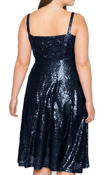 MACloth Straps V Neck Sequin Midi Cocktail Dress Plus Size Dark Navy Formal Gown