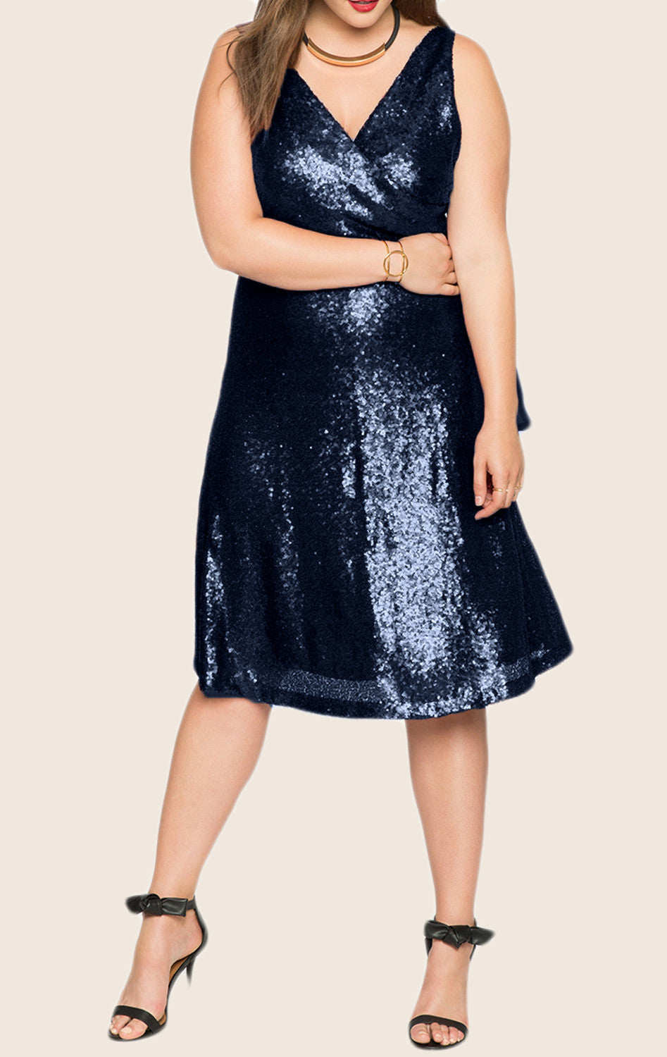 MACloth Träger V-Ausschnitt Pailletten Midi Cocktailkleid Übergröße Dunkelmarine Abendkleid