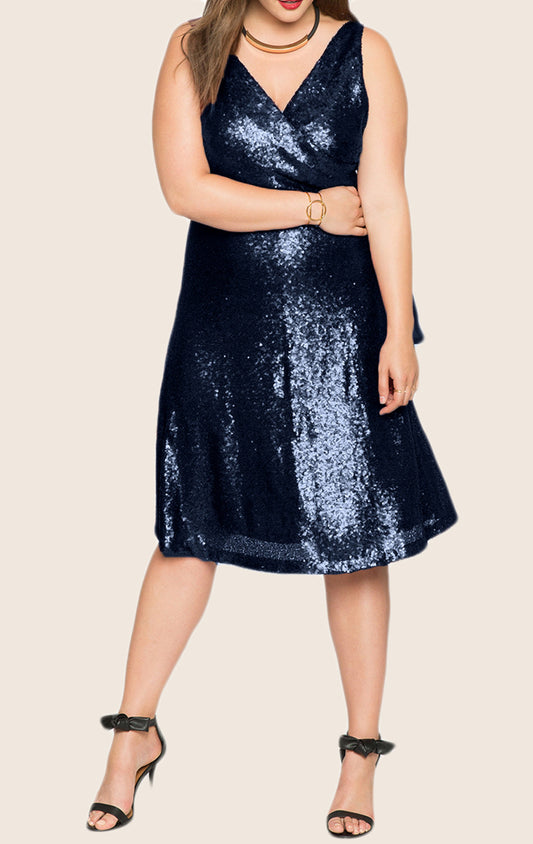 Vestido de cóctel midi con escote en V y lentejuelas de MACloth, vestido formal azul marino oscuro de talla grande