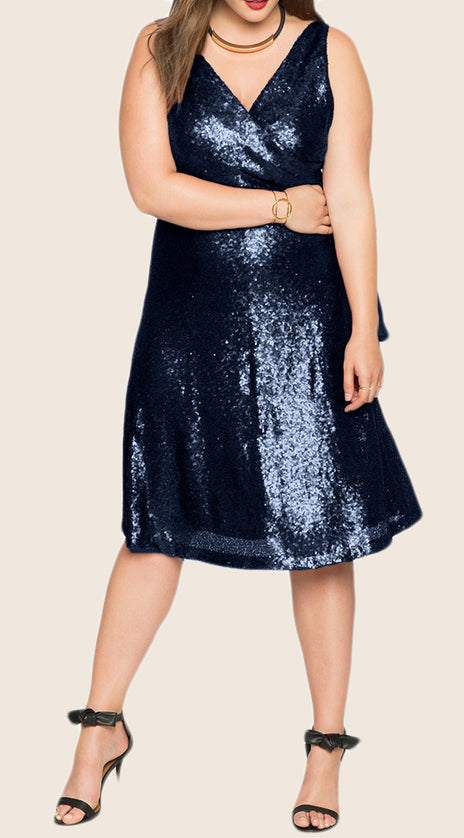 MACloth Straps V Neck Sequin Midi Cocktail Dress Plus Size Dark Navy Formal Gown